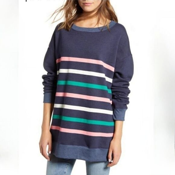 WILDFOX Blue Multicolor Stripe Roadtrip Oversized Crewneck Sweatshirt Size Small - Picture 3 of 7